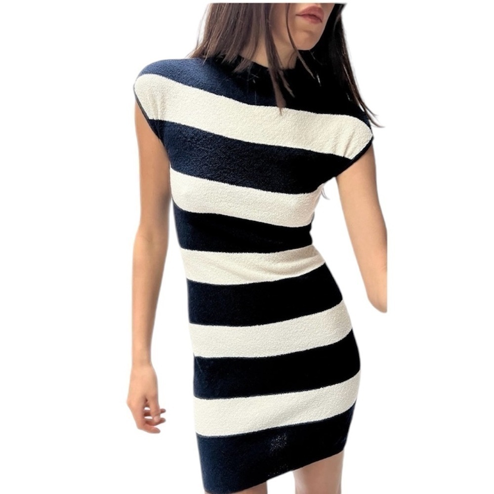 New ZARA Cutwork Fitted Mock Neck Short Sleeve Mini Dress